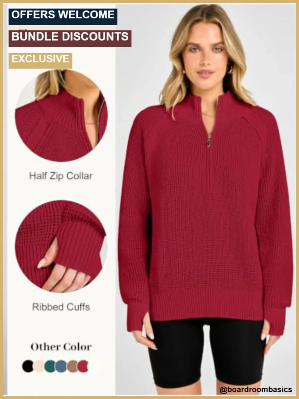Womens Waffle Knit Quarter Zip Pullover Sweater Loose Fit Long Sleeve Thumb